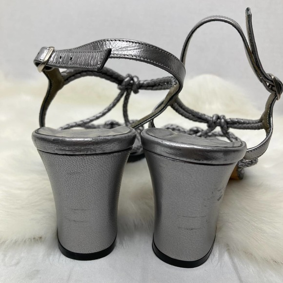 Yves Saint Laurent Braided Leather Silver Chunky Heel Open Toe Sandal 9.5N - Picture 8 of 9
